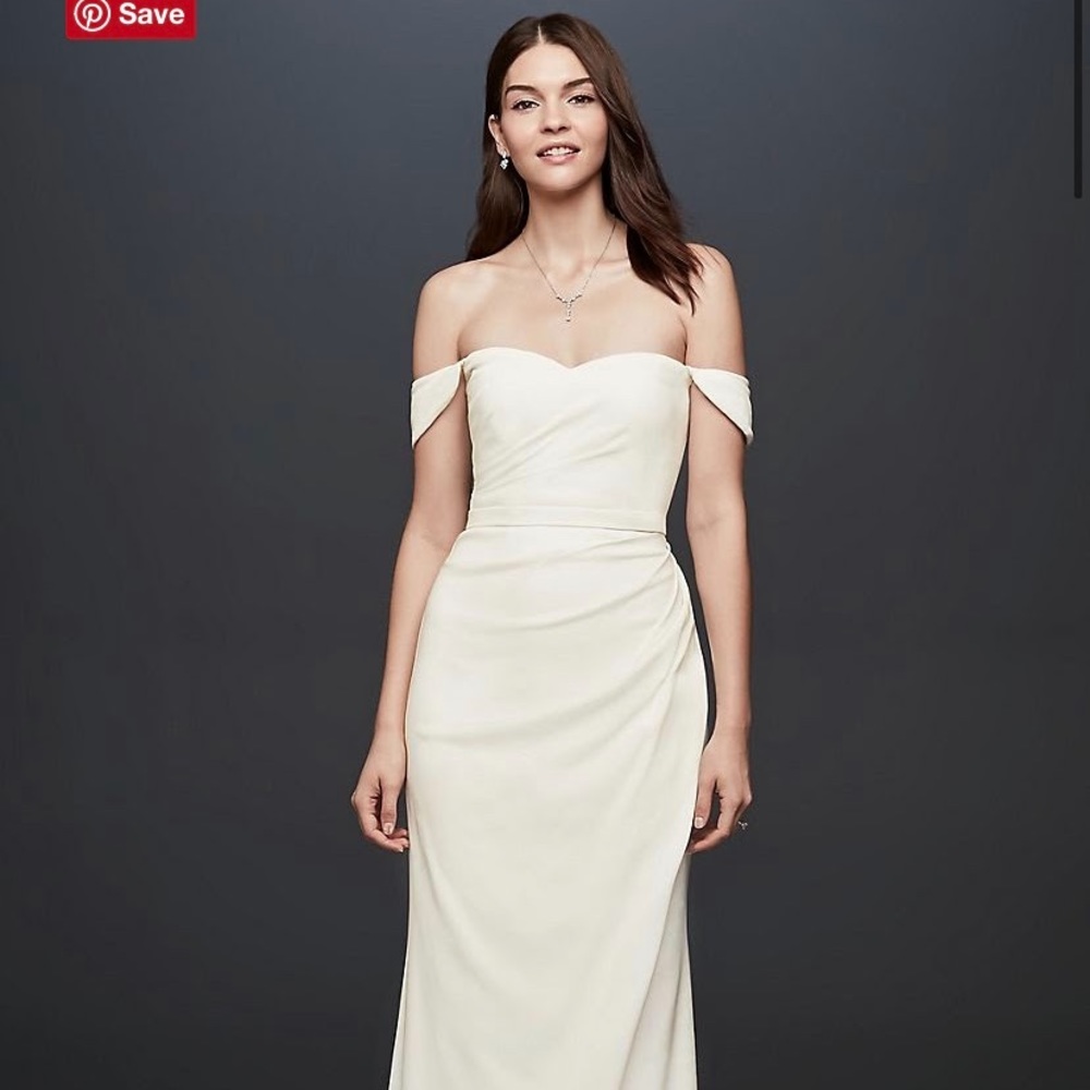 Draped off the shoulder sheath gown